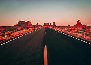 asphalt road, road, desert, clear sky, USA HD wallpaper