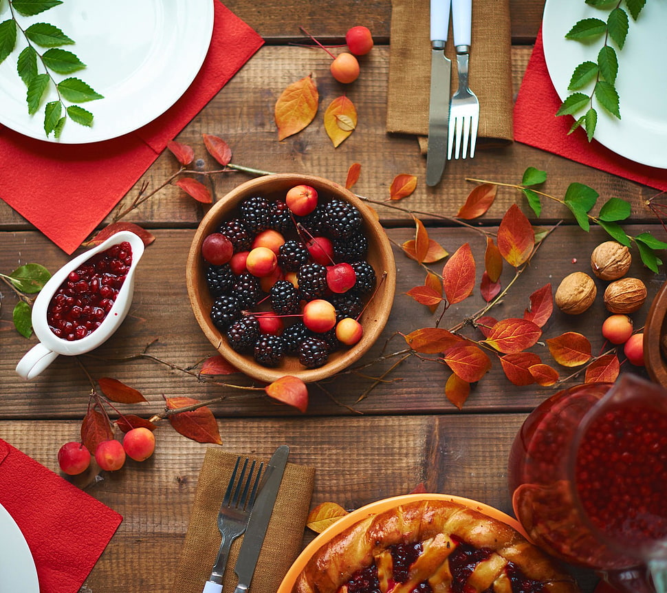 red and white ceramic plate, nature HD wallpaper