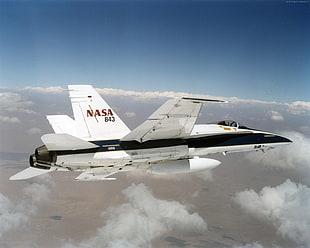 white Nasa 843 fighter jet plane