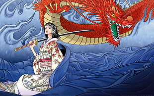 portrait of woman anime character with red dragon