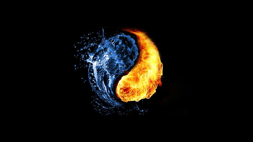 water and fire-themed yin yang symbol HD wallpaper