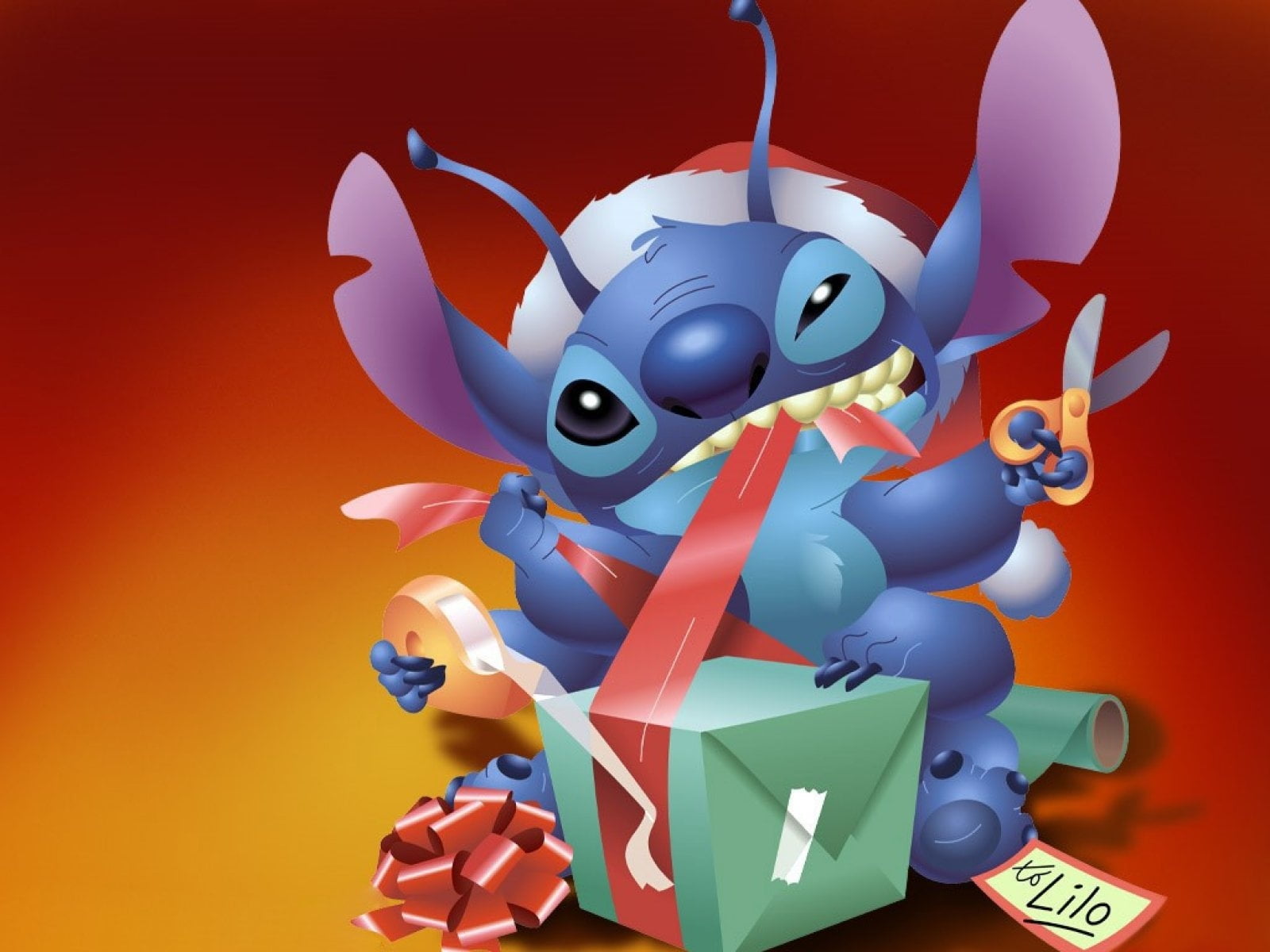 Stitch opening gift graphic illustration HD wallpaper.