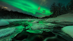 green sky phenomenon, aurorae, sky, nature, river