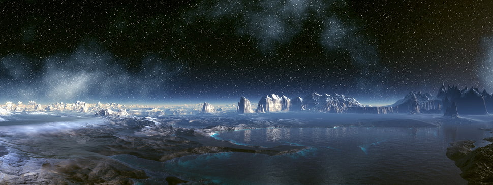 black and gray flat screen TV, landscape, multiple display, planet, render HD wallpaper