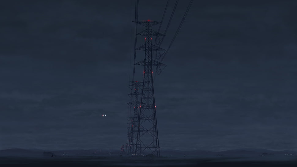 transmission tower, night, power lines, utility pole, anime HD wallpaper