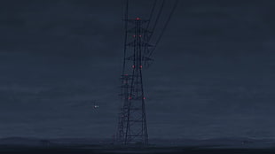 transmission tower, night, power lines, utility pole, anime