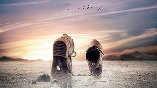 shoes on ground facing sky graphic wallpaper, fantasy art, nature, Photoshop, shoes