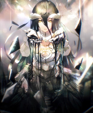 female anime character digital wallpaper, Albedo (OverLord), black hair, boobs, cleavage