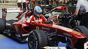 red F1 racing car, Fernando Alonso, Ferrari, Formula 1, car HD wallpaper