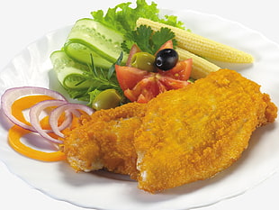 breaded chicken and assorted vegetables dish