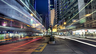 photography of timelaps road between buildings, long exposure, city, street, urban