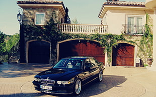 black BMW sedan, car, BMW, house, Alpina