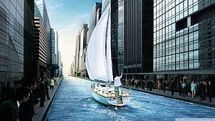 white sail boat, road, canal, digital art, boat