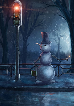 snowman wearing black top hat wall art HD wallpaper