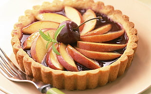 apple pie with cherry on top, dessert, tart, fruit, apples HD wallpaper