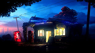 black and red concrete house, artwork, stores, night