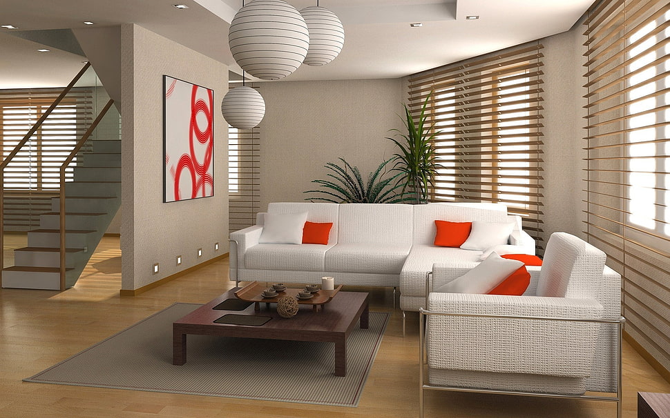 white micro-suede sofa set with red throw pillows HD wallpaper
