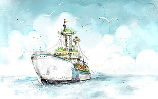 white and blue ship in body of water illustration, painting, watercolor, artwork, warm colors