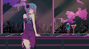 pink and blue haired female wearing purple dress illustration