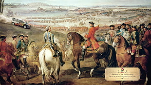 two man riding horse front of people painting, artwork