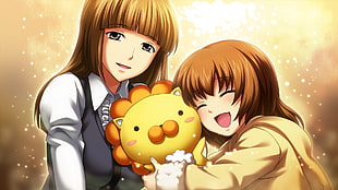 two female anime character hugging lion illustration