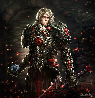 man in black and red fantasy armor illustration, Rhaegar Targaryen, A Song of Ice and Fire, blonde, violet eyes