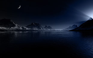 mountain and half moon, mountains, Moon, lights, river HD wallpaper