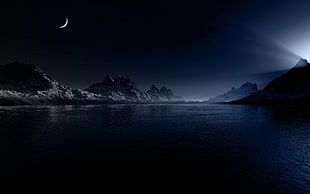 mountain and half moon, mountains, Moon, lights, river