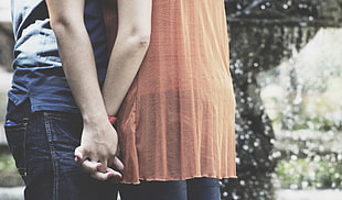 women's orange dress, Hands, Couple, Love