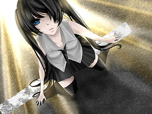 female anime character in gray sleeveless top digital wallpaper
