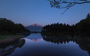 silhouette of trees and brown mountain near body of water graphic wallpaper, mountains, lake, Japan, Mount Fuji