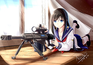black haired anime female character with black rifle illustration