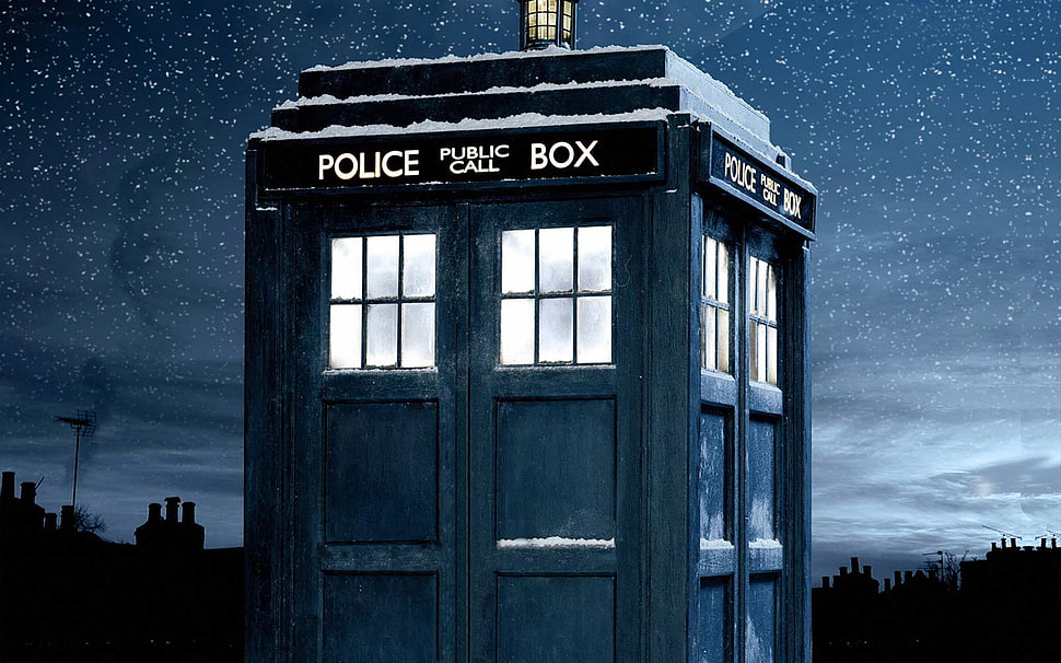 blue police box during night time HD wallpaper