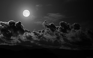 grayscale photo of clouds and the moon, dark, monochrome, clouds, Moon