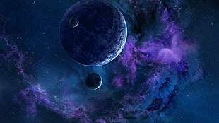 two gray and one blue planets digital wallpaper, planet, space, stars, satellite