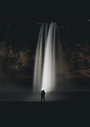 Waterfall,  Stream,  Night,  Man HD wallpaper