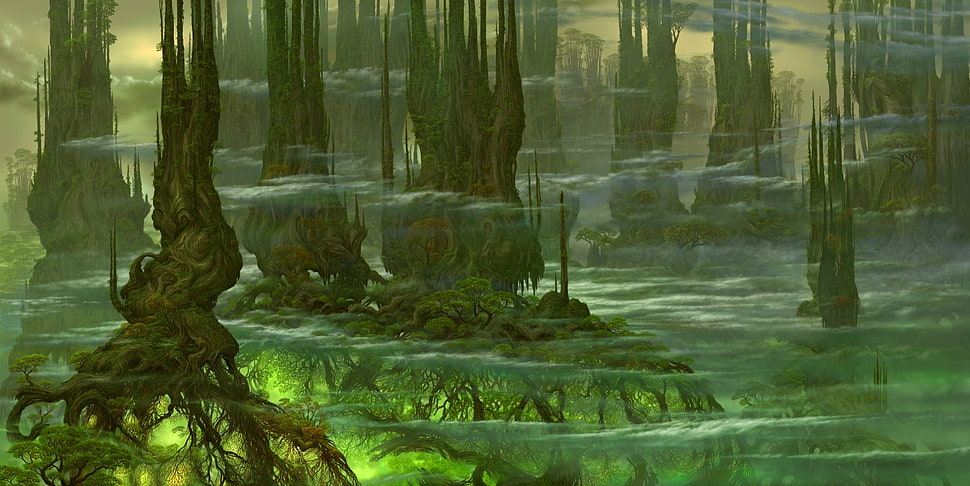 mangrove trees, artwork, fantasy art, clouds, green HD wallpaper