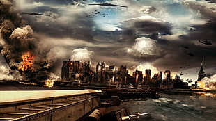 aircraft attacking City movie poster HD wallpaper
