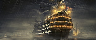 brown sail ship, ship, ultrawide, drawn, sailing ship