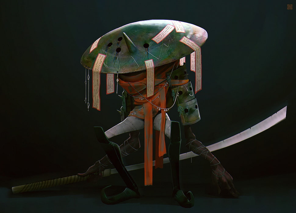 orange, brown, and white samurai illustration, artwork HD wallpaper