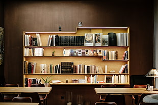 brown wooden 3-layer shelf, library, house, desk, books HD wallpaper