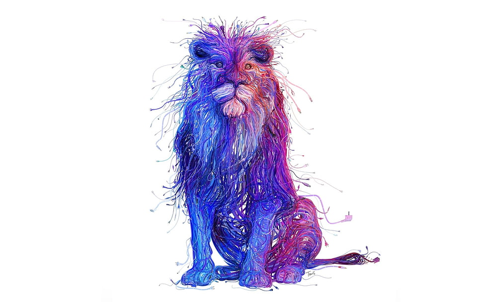 blue and pink lion painting, lion, fantasy art, Charis Tsevis, artwork HD wallpaper