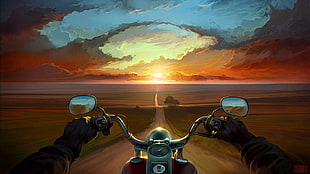 person riding red and silver cruiser motorcycle near green leaved trees painting