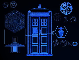 blue building illustration on black background, Doctor Who, TARDIS