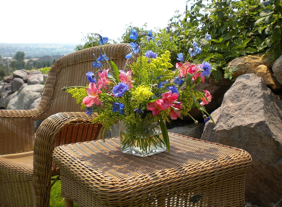 pink and blue flower arrangement in glass vase HD wallpaper