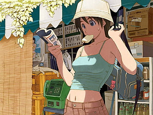 female wearing teal sleeveless top and hat reading book anime character poster HD wallpaper