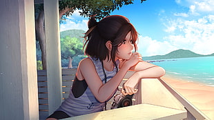 female anime character sitting holding camera looking at beach
