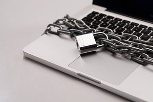 black and gray laptop computer, chains, padlock, computer, notebooks