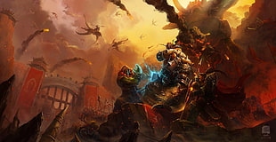 warrior surrounding flying dragons illustration