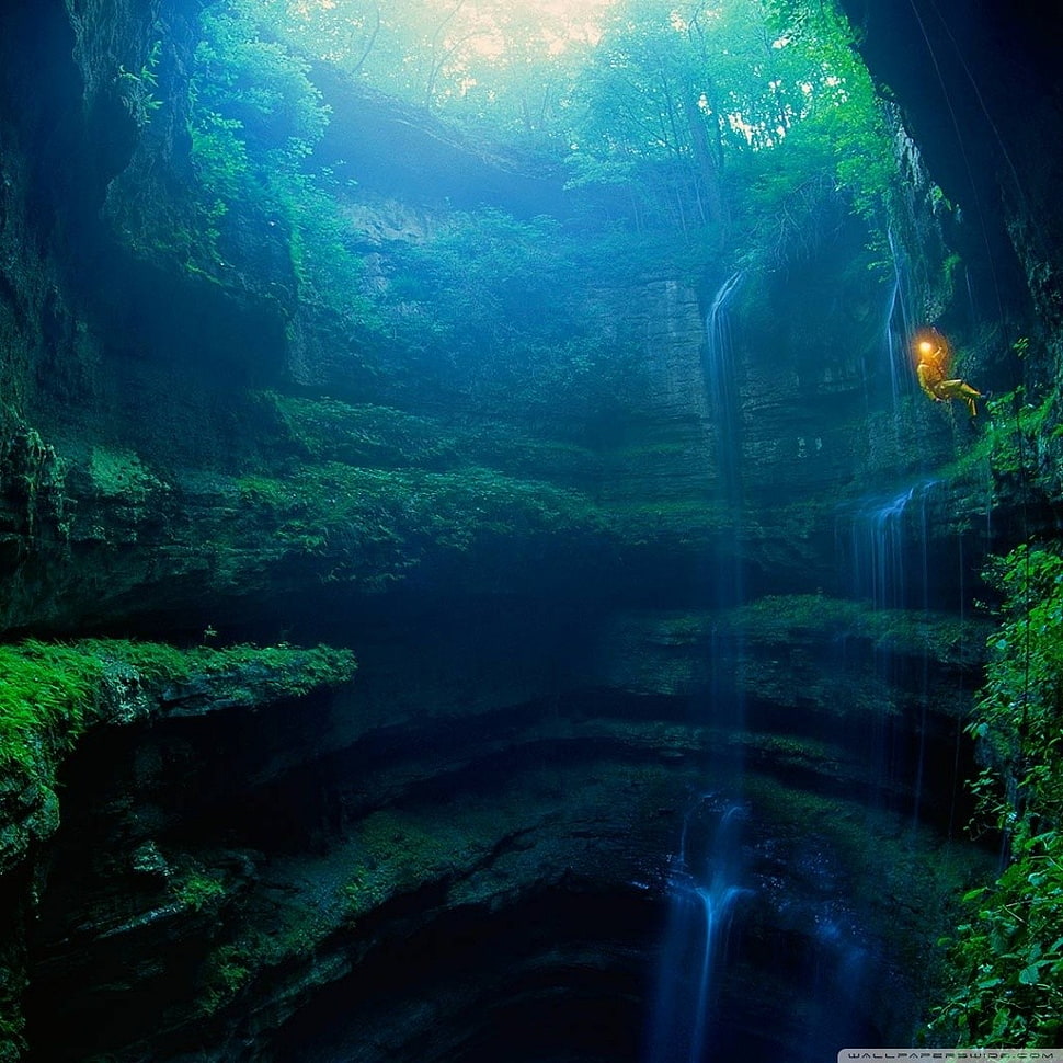 waterfalls wallpaper, cave, water, exploring HD wallpaper